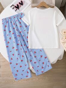 两件套女童夏季套装，简约休闲奢华风，柔软可爱上衣：白色宽松短袖T恤，饰有樱桃图案 + 可爱樱桃格纹高腰阔腿裤，两件套，适合度假和日常穿着 - 彩色 - 查看 2