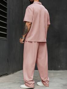 Manfinity Homme Plus Size Men's Solid Color Short Sleeve Polo Shirt And Pants Set - Pink - View 2