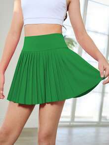 Tween Girls Knit Green Anti-Chafing Leggings, Pleated Skirt, High Elasticity Comfortable Cycling, Running, Training Moisture Wicking Absorbs Sweat - Green - View 3