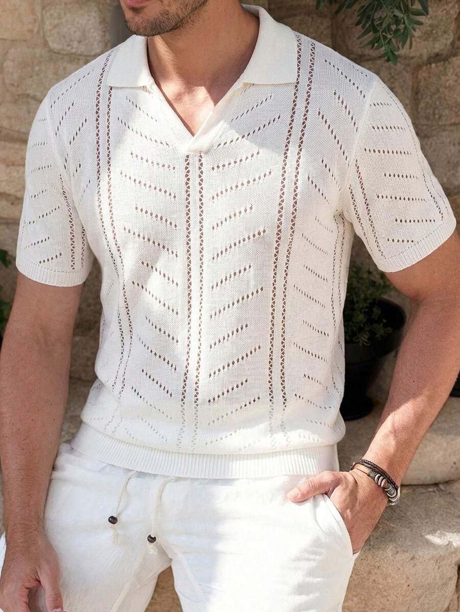 Manfinity Homme 男士白色镂空休闲百搭短袖针织衫，男士纹理衬衫，男士针织衫，男士钩针衬衫，夏季度假男士休闲白色套装，男士针织两件套，男士钩针上衣奶油色两件套，男士白色网眼衬衫，男士短袖针织衫，男士针织Polo衫，男士白色Polo衫，男士沙滩装，白色针织衫，女士夏季衬衫，男士度假装，男士两件套夏季度假装，男士沙滩装上衣 - 白色 - 查看 1