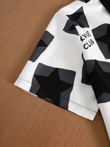 TOKVUE 男士休闲像素印花黑白短袖衬衫套装 - 紅白色 - 查看 4