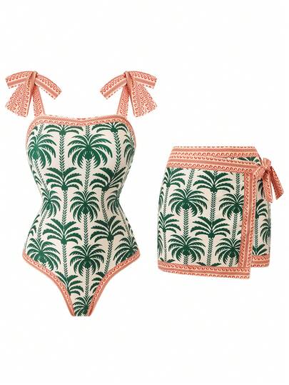 Swim Oasis Fashionable High-End Coconut Tree Print Women's Summer Swimsuit Cover-Up & One-Piece Swimsuit Set