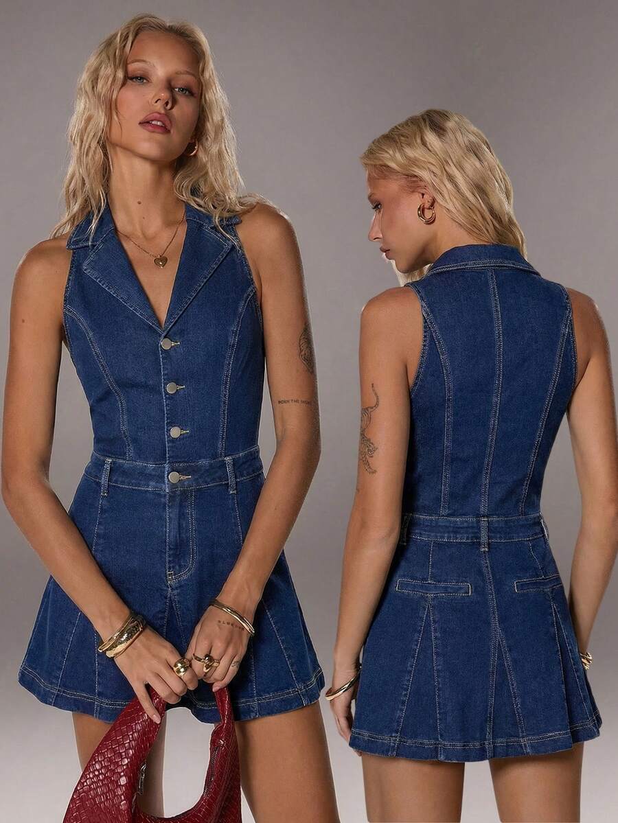 TRNVIE Fashionable Casual Commuter Turndown Collar Button Front Denim Dress - Dark Wash - View 1