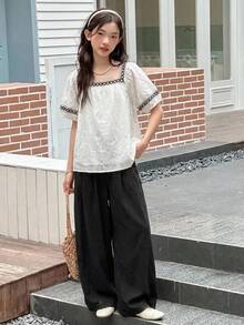 2pcs/Set Teen GirlRound Neck Woven Short Sleeve Shirt And Pants Set, Summer - Black and White - View 3