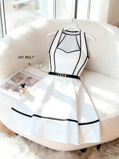 Franclia 时尚优雅女士短裙，撞色黑色滚边绳，背心式撞色短裤连衣裙，撞色腰带