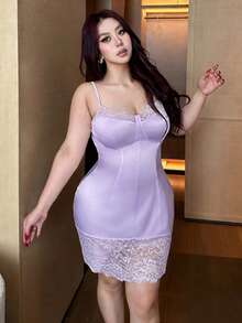 Vibekara Plus Size Sexy Lace Patchwork Satin Slip Dress, French Chic Bodycon Mini Dress - Purple - View 4