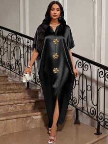 SHEIN Lady Đầm dự tiệc bốn mùa/Đầm dự đám cưới/Trang phục dạ hội/Váy vàng/Trang phục dự tiệc tối/Đầm satin jacquard xẻ tà phía trước màu vàng dành cho nữ, trang phục thường ngày, dự tiệc, thanh lịch - màu đen - Xem 5