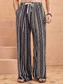 HIMLAND Pantalones rectos casuales de hombre con cintura elástica y holgados - Blanco y Negro - Ver 3