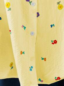SHEIN LUNE Spring & Autumn New Ditsy Floral Print Casual Commuter Plus Size Shirt Fall - Yellow - View 5