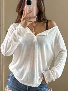 DAZY Women's Solid Color Drop Shoulder T-Shirt Sheer Long Sleeve Women Tops,Fall Women Clothes - White - View 9