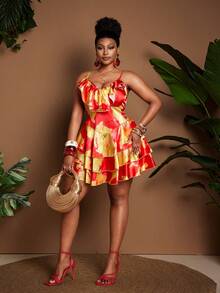 Maweii Vestido mini de satén con espalda descubierta para mujer de talla grande, vestido de fiesta de vacaciones con tirantes y cintura ceñida - Multicolor - Ver 5