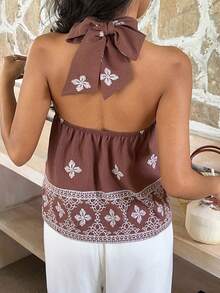 SHEIN EZwear Áo kiểu nữ cổ yếm buộc dây phong cách Bohemian - Cà phê nâu - Xem 2