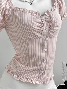 Sweetra Sweetro 女士法式花瓣袖修身可爱粉色条纹衬衫 - 粉色 - 查看 3