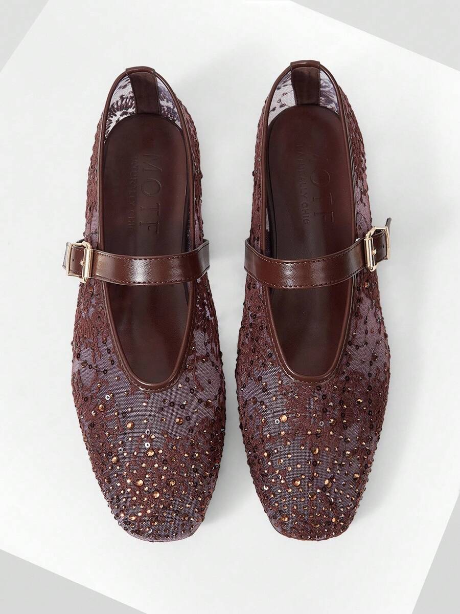 MOTF PREMIUM RHINESTONE DETAIL BALLET FLATS VALENTINE'S DAY - Coffee mesh yarn - View 1