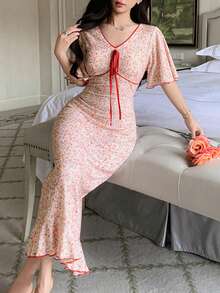 Dazy Tall Women's V-Neck Ruffle Sleeve Waist Cinched Elegant Long Dress Boho Sun Dresses For Women Vacation Outfits Women Summer, Tall Women - Red - View 5