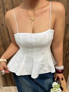 Dazy Plus Camiseta de encaje ajustada y elástica, color blanco versátil, para /verano - Blanco - Ver 2