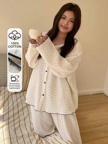 Dazy Plus Plus Size Women Long Sleeve Single-Breasted Top And Pants Pajama Set - White - View 1