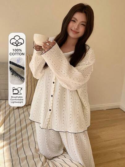 Dazy Plus 大码女式长袖单排扣上衣和裤子睡衣套装