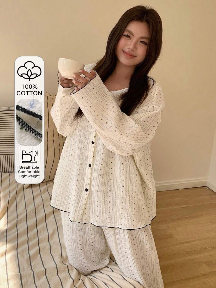 Dazy Plus Plus Size Women Long Sleeve Single-Breasted Top And Pants Pajama Set - White - View 1
