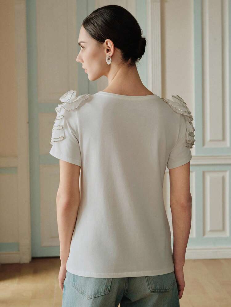 2026 Summer New Arrival Elegant Lady Fashionable Round Neck 3D Floral Embellished Short Sleeve Blouse For Women