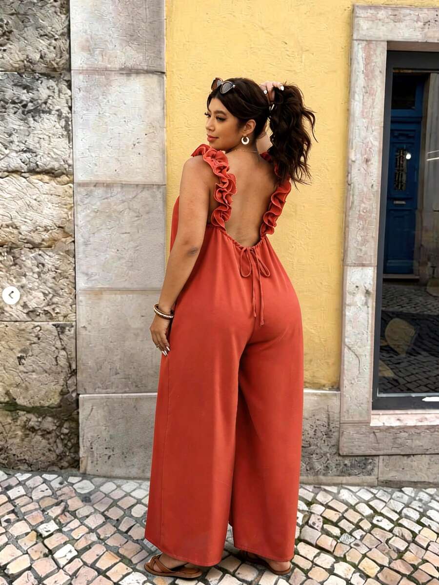 Elaquor 大码休闲纯色露背阔腿连体裤 - 紅木色 - 查看 1