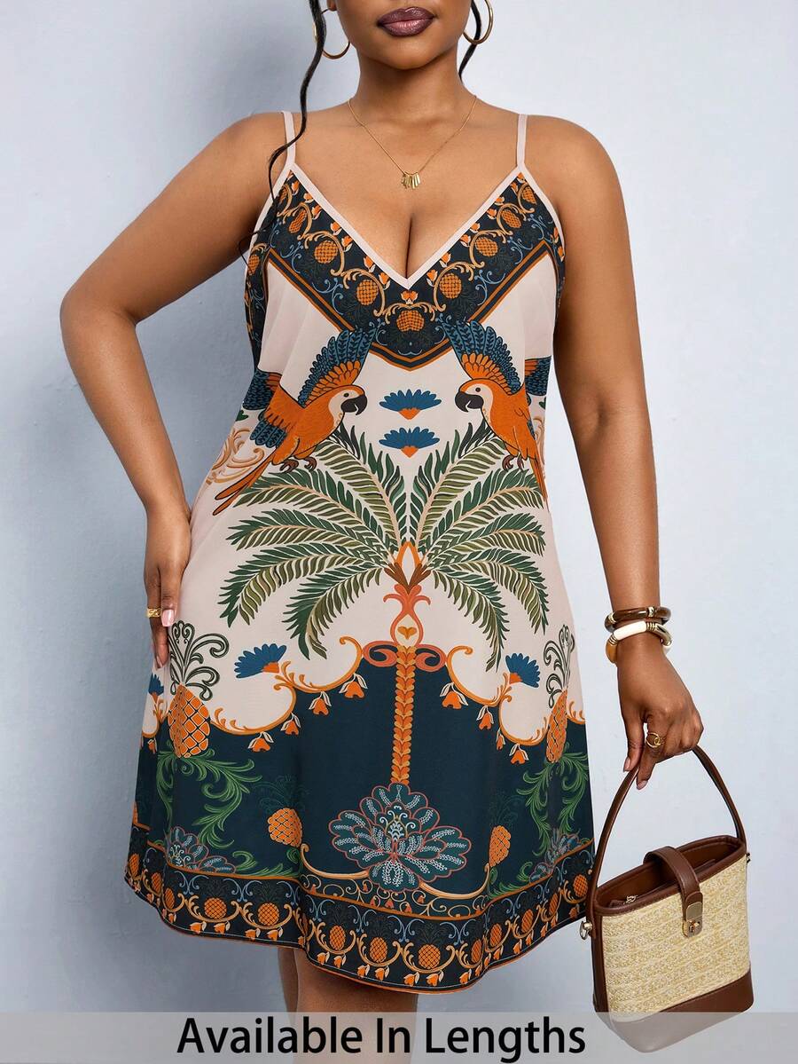 SHEIN PETITE CURVE 新款加大码女装娇小女孩时尚棕榈树印花休闲吊带连衣裙，显瘦收腰，专为娇小女性设计。高腰设计让您看起来更苗条，腿部更修长，适合娇小女性。适合所有季节和场合，适合娇小女孩和女性，夏季连衣裙，夏季服装，夏季度假服装，女士夏季连衣裙，春季服装，女士春季春假服装，春季服装，狂欢节服装，狂欢节女士造型，2026年狂欢节女士服装，狂欢节服装，女士沙滩装，沙滩裙，女士沙滩装，沙滩裙，女士优雅连衣裙，女士优雅连衣裙，女士优雅连衣裙，女士度假服装，女士夏季度假服装，女士度假服装 - 彩色 - 查看 1