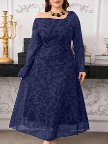 Modelyn Plus Size Long Sleeve Elastic Mesh Printed Double-Layer Fitted Waist Elegant Knit Dress For Women - Navy Blue - View 4