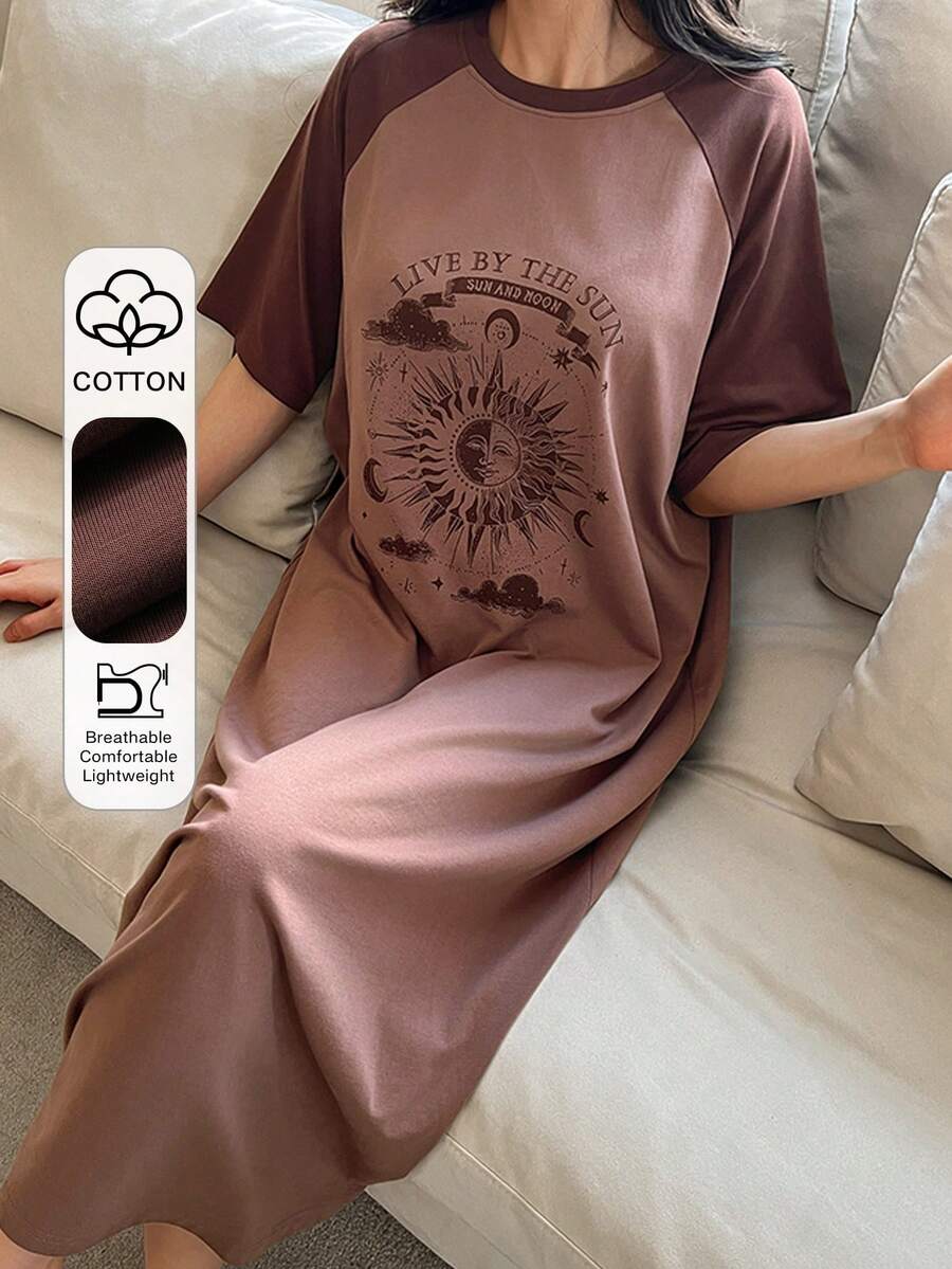 DAZY 太阳图案插肩袖长连衣裙，女士夏季睡衣 - 棕色 - 查看 1