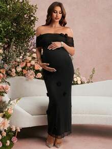 SHEIN Maternity Solid Color Off-Shoulder Fitted Fashionable Summer Dress - Black - View 4
