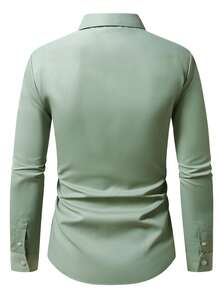 Calvornis Men Solid Color Shoulder Strap Front Button Casual Daily Versatile Long Sleeve Shirt, Formal, Ceremony - Green - View 2