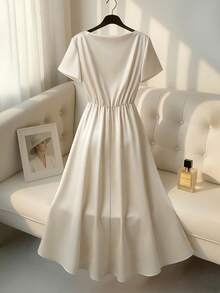 Franclia Women's Elegant Cream Satin Dress,Short Sleeve Diagonal Neckline Pleated A-Line Design,Versatile Summer Dining,Evening Party&Wedding Guest Outfits - Apricot - View 2