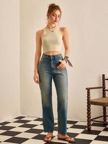 CasuGlow Casual Washed Retro High Waist Straight Leg Jeans - Medium Wash - View 2