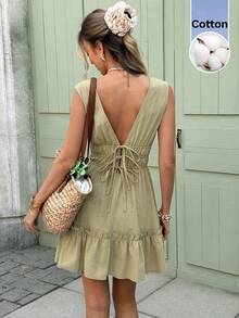 Serisse Women's Shirred Sleeveless Pleated Casual Mini Dress For Summer,V-Neck Tie-Back Dress Made Of Natural Pure Cotton,Pleated Elastic Waistband Design,Fresh And Elegant French Women's Clothing For Summer,Ruffled Hem Dress, Summer Casual Dress, Women Vacation Dress, Green Dresses For Women,Khaki Dress, Olive Dress, French Style Dress, French Style Dress, Spain Vacation Outfits, Greece Vacation Outfit,Summer Dresses For Women,Elegant Dresses For Party,Beach Outfits, Beach Vacation Outfits For Women,Holiday Outfits For Women,Summer Outfit For Women,Summer Clothes, Backless Summer Dress, Sun Dresses For Vacation Tie Back Dress - Green - View 3