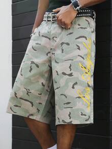 GALLERY FADE Casual Street Camo Straight Loose English Slogan Print Denim Shorts, Spring/Summer - Multicolor - View 1