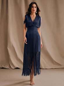 Anewsta 女士新款优雅深V领流苏腰身连衣裙，夏季连衣裙，派对连衣裙，夏季度假装，优雅连衣裙 - 藏蓝色 - 查看 5