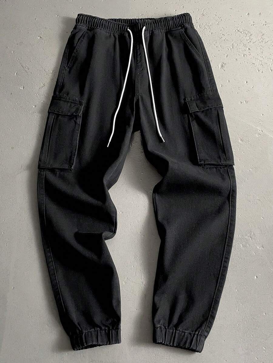 EGENSIO Nam Eo dây rút Cargo Quần denim Với Nghiêng Túi - màu đen - Xem 1