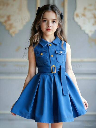 Elladie kids Young Girl' Sleeveless Denim Dress, Children's Shirt Collar Pocket Casual Denim Princess Dress, Suitable For Daily Outings Or Party Wear, Spring Dress