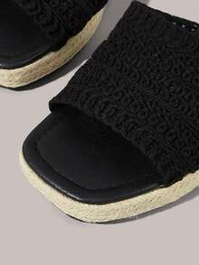 Styleloop 女士编织趾环坡跟凉鞋，法式度假休闲风，草编厚底，黑色 - 黑色 - 查看 4