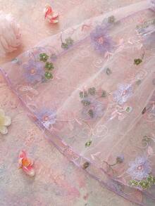 女士花卉刺绣网纱吊带裙 - 紫色 - 查看 8