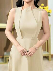 Feyla Women's Solid Color Elegant Waist Cinched Midi Party Office Dress Teachers' Day Beige Summer - Apricot - View 6