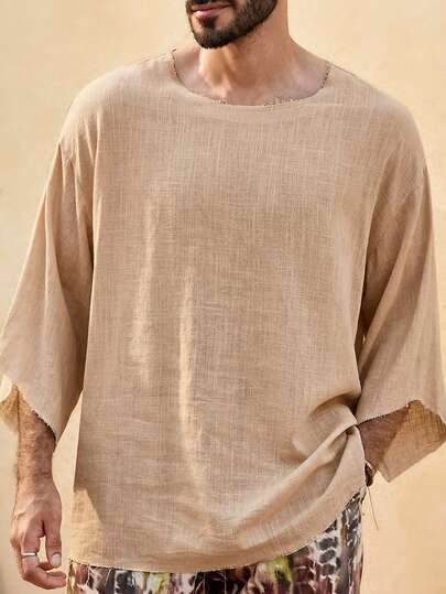 HIMLAND Men's Solid Color Round Neck Casual Versatile Daily Wear Short Sleeve Shirt