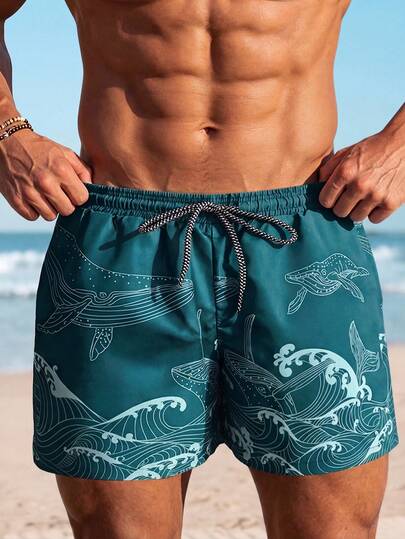 VIVINTIMO 男士海洋元素印花抽绳腰沙滩短裤，夏威夷风情