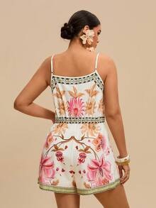 Travachic Bộ jumpsuit nữ cổ chữ V, eo thon, tay ngắn, dáng rộng, họa tiết hoa, thanh lịch, thích hợp mặc hàng ngày, đi nghỉ mát, đi biển, mùa xuân/hè, cỡ lớn. - Nhiều màu - Xem 3