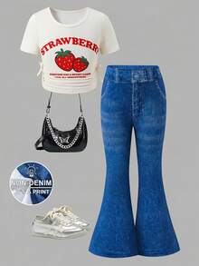 SHEIN 2pcs/Set Young Girl Knit Crew Neck Pleated Casual T-Shirt And Flare Pants Set Easter Strawberry Girls Clothes Summer Clothes Sets Girls  Flare Jeans With Unique Pattern Stylish Blue Bell Bottoms For Kids - Blue - View 2