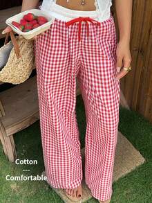 SHEIN EZwear Quần ống rộng kẻ caro đỏ dáng casual dành cho nữ - Đỏ và trắng - Xem 7