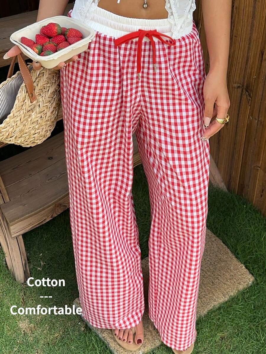 SHEIN EZwear 女士休闲红色格子阔腿梭织裤 - 紅白色 - 查看 1