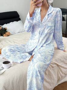 SHEIN Women's Bubble Print Lapel Cardigan Pajama Set - Blue and White - View 1