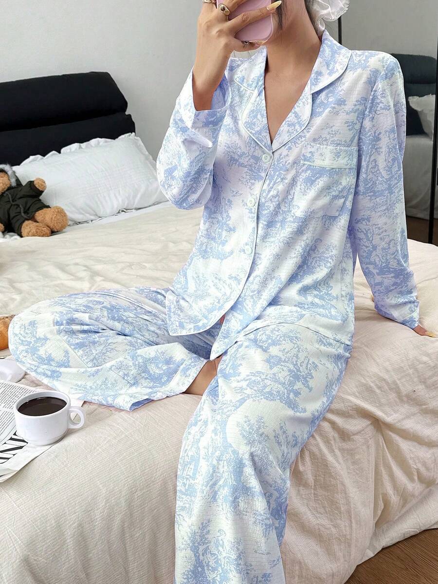 SHEIN Women's Bubble Print Lapel Cardigan Pajama Set - Blue and White - View 1