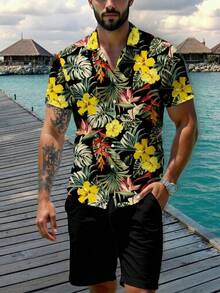 VIVINTIMO Camisa casual de vacaciones con estampado tropical para hombres - Multicolor - Ver 5