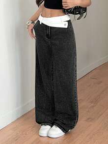 SHEIN Tall Women's Summer Casual High Waist Wide Leg Jeans Contrast White Fold Waist Washed Black Denim Loose Baggy Pants With Button Detail For Streetwear Outfits Women's Versatile For Summer Loose Straight Leg Jeans - Black - View 6